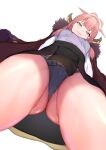  1girl aru_(blue_archive) ass_visible_through_thighs black_panties black_skirt blue_archive from_below halo horns long_hair long_sleeves panties red_eyes red_hair shirt sikijou77o simple_background skirt solo underwear white_background white_shirt 