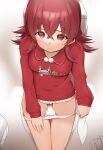  1girl ass_visible_through_thighs bangs closed_mouth commentary_request crossed_bangs dress hair_between_eyes holding idolmaster idolmaster_shiny_colors komiya_kaho long_hair long_sleeves menstruation panties panty_pull red_dress red_eyes red_hair sikutogurei_(kunugi_miyaco) solo thighs toilet underwear white_panties 