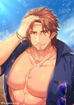  1boy abs alternate_costume bara bare_pecs beard belmond_banderas brown_eyes brown_hair droplet eyewear_removed facial_hair hand_on_own_head hige_kariudoshachi jewelry large_pectorals looking_at_viewer male_focus mature_male muscular muscular_male necklace nijisanji open_clothes open_shirt short_hair smile solo stomach stubble upper_body virtual_youtuber 