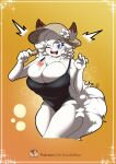  anthro arctic_fox big_breasts blue_eyes breasts canid canine chest_tuft clothing dessert doodlebun female fluffy fluffy_tail food fox fur gradient_background hair hat headgear headwear hi_res ice_cream ice_cream_cone mammal one-piece_swimsuit one_eye_closed simple_background solo svala swimwear tuft white_body white_fur 