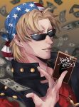  1boy american_flag american_flag_print bandana bangs black_vest blonde_hair blue_eyes card character_name commentary_request cross cross_necklace dollar_bill eyebrows_visible_through_hair facial_hair flag_print holding holding_card jewelry keith_howard looking_at_viewer looking_to_the_side male_focus miyako_(horizonholic) money_rain necklace parted_bangs parted_lips red_shirt shirt short_hair solo stubble studded_vest sunglasses t-shirt upper_body vest yu-gi-oh! yu-gi-oh!_duel_monsters 
