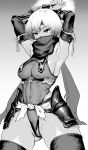  1girl arm_armor armor armpits arms_up bangs breasts closed_mouth covered_mouth covered_navel eyebrows_visible_through_hair gesogeso greyscale headgear highres holding holding_weapon japanese_clothes kunai looking_at_viewer medium_breasts monochrome ninja ninja_mask original scarf short_hair simple_background sleeveless smile solo weapon 