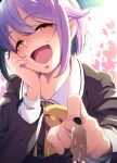  1boy 1girl :d black_hair blush eyebrows_visible_through_hair idolmaster idolmaster_cinderella_girls koshimizu_sachiko miniboy natsumi_akira nude open_mouth producer_(idolmaster) purple_hair short_hair size_difference smile smirk yellow_eyes 