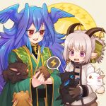  :d :o animal bell bird blue_hair bow brown_gloves brown_horns feathered_wings gloves goat_horns green_bow hair_between_eyes hair_bow head_wings holding holding_animal horns open_mouth pixiv_fantasia_mountain_of_heaven pointy_ears purple_eyes red_eyes robe simple_background smile spoken_lightning_bolt standing sweatdrop trembling ujuju upper_body white_hair wide_sleeves wings 