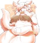  2020 5_fingers accessory ahoge anthro arm_tuft belly belly_tuft big_belly big_breasts blush bottomwear breasts canid canine chest_tuft clothing cookie curvy_figure cute_fangs eating elbow_tufts eyebrow_through_hair eyebrows eyes_closed female fingers fluffy fluffy_tail food fur hair hair_accessory holding_food holding_object hotpants huge_breasts japanese_text kemono mammal multicolored_body multicolored_ears multicolored_fur multicolored_hair multicolored_tail nipple_outline nzuuure overweight overweight_anthro overweight_female pink_body pink_fur pink_hair portrait restricted_palette shorts shoulder_tuft signature solo text thick_thighs three-quarter_portrait topwear translation_request translucent translucent_hair tuft under_boob voluptuous white_body white_fur white_hair wrist_tuft 