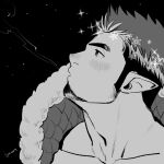  1boy bara blowing blush collarbone facial_hair fur-trimmed_jacket fur_trim goatee greyscale jacket kyouta_22 long_sideburns male_cleavage male_focus mature_male monochrome multicolored_hair muscular muscular_male nose_blush pointy_ears portrait short_hair sideburns sky snowflakes solo sparkling_eyes star_(sky) starry_sky tokyo_houkago_summoners tomte_(tokyo_houkago_summoners) two-tone_hair 