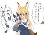  2girls animal black_legwear blue_dress blue_neckwear bow bowtie commentary_request dress extra_ears eyebrows_visible_through_hair eyewear_on_head ezo_red_fox_(kemono_friends) grey_hair highres holding holding_animal kemono_friends kemono_friends_3 long_hair multicolored_hair multiple_girls official_alternate_costume orange_hair pantyhose pemuko plaid_neckwear pleated_dress sailor_collar sailor_dress school_uniform short_sleeves silver_fox_(kemono_friends) silver_hair tearing_up translation_request white_sleeves 