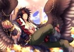  1boy abs bara black_hair boots crescentia feather_necklace feathered_wings fire_emblem fire_emblem:_radiant_dawn foot_out_of_frame gold green_pants head_tilt knee_boots large_pectorals male_cleavage male_focus medium_hair muscular muscular_male pants pointy_ears scarf sidelocks sitting smile solo thick_thighs thighs throne tibarn_(fire_emblem) wings yellow_eyes 