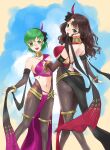  2girls :d absurdres bangs bare_shoulders black_legwear breasts brown_hair commentary_request dorothea_arnault eyebrows_visible_through_hair feet_out_of_frame fire_emblem fire_emblem:_genealogy_of_the_holy_war fire_emblem:_three_houses fire_emblem_heroes green_eyes green_hair highres large_breasts lene_(fire_emblem) long_hair looking_at_viewer mouth_hold multiple_girls navel official_alternate_costume olivine_20 open_mouth pantyhose pelvic_curtain short_hair smile standing stomach thighlet 