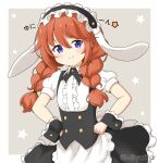  1girl animal_ears apron bangs black_hairband black_skirt blue_eyes blush braid brown_hair bunny_ears center_frills closed_mouth commentary_request cosplay eyebrows_visible_through_hair fake_animal_ears fleur_de_lapin_uniform floppy_ears frilled_apron frilled_hairband frilled_skirt frills gochuumon_wa_usagi_desu_ka? grey_background hair_between_eyes hairband hands_on_hips long_hair looking_at_viewer miicha princess_connect! princess_connect!_re:dive puffy_short_sleeves puffy_sleeves shirt short_sleeves skirt smile solo starry_background twin_braids twintails twitter_username two-tone_background uniform waist_apron waitress white_apron white_background white_shirt wrist_cuffs yuni_(princess_connect!) 