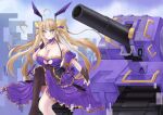  1girl blonde_hair breasts caterpillar_tracks cloud copyright_request day dress green_eyes ground_vehicle hair_ribbon highres long_hair military military_vehicle motor_vehicle ribbon shu.mu sky tank thighhighs twintails 