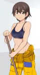  1girl brown_eyes brown_hair character_request eyebrows_visible_through_hair girls_und_panzer jumpsuit jumpsuit_around_waist navel short_hair simple_background solo sports_bra sweat tanaka_rikimaru 