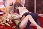  2girls after_kiss ahoge ass assertive_female barefoot blonde_hair blurry blurry_background blush breasts brown_hair chin_stroking cleavage cup dissolving_clothes drinking_glass girl_on_top heart heart-shaped_pupils highres huge_ahoge large_breasts leg_between_thighs long_hair mechanical_arms medium_breasts messy_hair moddedjoker multicolored_hair multiple_girls neo_politan netorare on_bed partially_unzipped pink_eyes pink_hair prosthesis prosthetic_arm purple_eyes rwby saliva saliva_trail sheet_grab sidelocks signature single_mechanical_arm skin_tight strap_slip symbol-shaped_pupils topless transformation two-tone_hair wine_glass yang_xiao_long yuri 