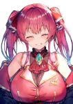  1girl ^_^ ascot bangs blush breasts clenched_teeth closed_eyes eyebrows_visible_through_hair hair_ribbon hololive houshou_marine large_breasts long_hair red_hair red_neckwear red_ribbon redcomet ribbon simple_background smile solo teeth twintails upper_body virtual_youtuber white_background 
