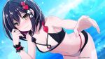  1girl alice_(mary_skelter) black_hair blush highres looking_at_viewer mary_skelter nanameda_kei navel ocean smile solo swimsuit water yellow_eyes 