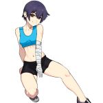  1girl absurdres bandages bike_shorts bra breasts brown_eyes highres kanbaru_suruga looking_at_viewer medium_breasts midriff monogatari_(series) nhanox_art short_hair short_shorts shorts smile solo sports_bra sportswear stomach thighs tomboy toned underwear 