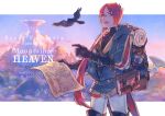  1boy :o backpack bag bedroll bird black_gloves book dated gloves granus_(mountain_of_heaven) hair_over_shoulder highres hood hood_down jacket lantern long_hair map mirion monocle outdoors pants pixiv_fantasia_mountain_of_heaven pointing red_hair signature tied_hair white_pants 