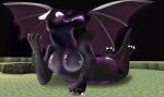  anthro black_body black_scales blush breasts dragon ender_dragon female glowing hi_res jean? looking_at_viewer lying minecraft on_front purple_eyes scales scalie solo stri video_games wings 