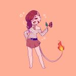  1:1 anthro bottomwear chibi clothing female fire flaming_tail flower hair happy hi_res pattern_clothing pink_body pityaction plant red_hair rose_(flower) sambal skirt solo striped_clothing stripes 