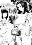  3girls areolae arm_up armpits bangs blunt_bangs breasts bucket closed_mouth collarbone covering covering_breasts fang female_pubic_hair foam from_behind gesogeso greyscale highres holding holding_bucket holding_sponge holding_towel large_areolae mole mole_on_breast monochrome mountainous_horizon multiple_girls nipples nude open_mouth original parted_bangs pubic_hair smile sparkle sponge towel wet 