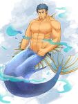  1boy abs bara blue_hair completely_nude facial_hair fins groin highres kyouta_22 large_pectorals male_focus mature_male merman monster_boy muscular muscular_male navel navel_hair nipples nude short_hair sideburns solo stomach stubble tokyo_houkago_summoners triton_(tokyo_houkago_summoners) underwater 