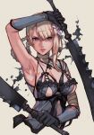  1girl armpits bandaged_arm bandages breasts dual_wielding flower gloves hair_flower hair_ornament holding holding_sword holding_weapon hungry_clicker kaine_(nier) lips looking_to_the_side nier_(series) nier_reincarnation simple_background solo sword weapon 