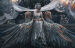  dress ghostblade gray_hair mirror necklace pointed_ears princess_yan realistic reflection wings wlop 