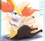  1girl alternate_eye_color animal_ear_fluff animal_ears animal_nose artist_name black_fur blue_eyes body_fur braixen character_name commentary crossed_legs dated digital_media_player earphones english_commentary eryz fang fang_out flat_chest fox_ears fox_girl fox_tail full_body furry gen_6_pokemon grin hand_up highres ipod looking_at_viewer motion_lines number one_eye_closed orange_background paws pokedex_number pokemon pokemon_(creature) sideways_glance signature simple_background sitting smile snout solo tail thick_thighs thighs translated watermark white_fur yellow_fur 