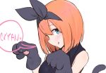  1girl :q bangs black_gloves black_ribbon black_shirt blue_eyes blush breasts cat_day cat_tail closed_mouth collared_shirt eyebrows_behind_hair gloves go-toubun_no_hanayome hair_between_eyes hair_ribbon kujou_karasuma medium_breasts nakano_yotsuba nyan paw_gloves paws ribbon romaji_text shirt simple_background sleeveless sleeveless_shirt smile solo speech_bubble tail tail_raised tongue tongue_out upper_body white_background 