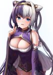  1girl azur_lane blue_eyes blush breasts chinese_clothes cleavage cleavage_cutout clothing_cutout detached_sleeves eyebrows_visible_through_hair hair_rings index_finger_raised large_breasts long_hair looking_at_viewer manda_(manda9n) multicolored_hair purple_hair simple_background solo thighs twintails two-tone_hair white_background white_hair ying_swei_(azur_lane) 