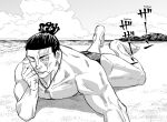  1boy ass beach elbow_rest full_body gege_akutami greyscale jewelry jujutsu_kaisen lying male_focus male_swimwear monochrome muscular muscular_male necklace official_art on_stomach one_eye_closed pectorals sand scar scar_across_eye short_hair sideburns smug solo swim_briefs swimwear third-party_source tied_hair toudou_aoi_(jujutsu_kaisen) 