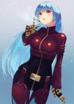  1girl absurdres bangs belt blowing blue_hair bodysuit breasts gloves highres kula_diamond kurai_munio long_hair looking_at_viewer medium_breasts pointing pointing_up purple_eyes simple_background skin_tight the_king_of_fighters zipper 