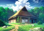  blanket blue_sky bush cloud daisy day door flower forest grass highres hut laundry naohiro nature no_humans original outdoors path revision road rock rural scenery sky summer tree 