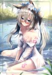  1girl absurdres animal_ears blonde_hair blue_eyes blush bow_hairband braid breasts chikirea forest fox_ears hair_ornament hairband highres huge_filesize lake long_hair looking_at_viewer moe2021 nature open_clothes open_mouth open_shirt original seiza shirt sitting sitting_on_water small_breasts solo tail tree white_shirt 