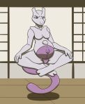 anthro belly breasts crossed_legs derrysome dojo featureless_breasts featureless_crotch female frown hands_on_knees hi_res legendary_pok&eacute;mon levitating levitation meditation mewtwo multicolored_body navel nintendo one_eye_closed peeking pok&eacute;mon pok&eacute;mon_(species) pregnant pregnant_belly pregnant_female purple_eyes simple_background solo two_tone_body unborn_kicking video_games wooden_floor 
