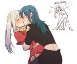  2girls ? arrow_(symbol) back bangs black_clothes black_legwear black_shorts blue_hair blush breasts byleth_(fire_emblem) byleth_(fire_emblem)_(female) closed_eyes closed_mouth collar commentary_request couple dress edelgard_von_hresvelg embarrassed english_text eyebrows_visible_through_hair fire_emblem fire_emblem:_three_houses from_side full_body hair_between_eyes hug kiss long_hair long_sleeves multiple_girls pantyhose parted_lips puffy_long_sleeves puffy_sleeves red_dress riromomo shorts side_ponytail sidelocks simple_background smile standing sweatdrop white_background white_hair yuri 