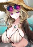  1girl animal_ear_fluff animal_ears arknights bangs bikini black-framed_eyewear blonde_hair braid breasts cleavage closed_mouth collarbone eyebrows_visible_through_hair eyewear_on_head fang fang_out hair_ornament hairclip hat highres jacket jewelry large_breasts looking_at_viewer navel necklace official_alternate_costume open_clothes purple_eyes short_hair shorts slit_pupils smile solo straw_hat striped striped_bikini sukemyon sunglasses swimsuit twin_braids utage_(arknights) utage_(summer_flowers)_(arknights) vertical-striped_bikini vertical_stripes 