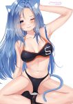  1girl ;) absurdres animal_ear_fluff animal_ears arm_up armpits artist_name black_legwear blue_eyes blue_hair blush borrowed_character breasts cat_ears cat_girl cat_tail cleavage closed_mouth highres kemonomimi_mode large_breasts long_hair looking_back minah_(chaesu) navel one_eye_closed original simple_background sitting smile socks solo sports_bra stomach tail very_long_hair vitaminechan white_background 