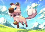  absurdres blue_eyes closed_mouth cloud commentary_request day from_below gen_7_pokemon grass highres kareha_p looking_at_viewer mountainous_horizon no_humans outdoors paws pokemon pokemon_(creature) rockruff sky smile solo toes 