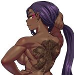  1girl arm_up back back_tattoo breasts closed_mouth dark-skinned_female dark_elf dark_skin elf elf-san_wa_yaserarenai. fingernails from_behind hair_lift hand_on_hip holding holding_hair large_breasts light_smile long_hair looking_at_viewer makeup muscular muscular_female nude pointy_ears purple_hair sideboob sideways_glance simple_background slit_pupils smile snake_tattoo solo suteno_(elf-san_wa_yaserarenai) synecdoche tattoo thick_eyebrows upper_body very_long_hair white_background yellow_eyes 