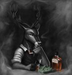  2021 alcohol anthro beverage cervid clothed clothing cup fingers fur hi_res holding_cigarette hooved_fingers horn light lighting looking_at_viewer male mammal money s1m shaded shirt smoke solo spot_color topwear whiskey 