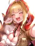  1girl ahoge bangs beige_shirt blonde_hair blush braid breasts cat cleavage closed_eyes fate/extra fate/grand_order fate_(series) french_braid hair_between_eyes hair_bun hair_intakes heroic_spirit_traveling_outfit highres large_breasts long_hair nero_claudius_(fate) nero_claudius_(fate)_(all) open_mouth short_sleeves smile yayoi_maka 