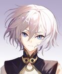  1boy absurdres bishounen blue_eyes closed_mouth expressionless fate/grand_order fate_(series) gao_changgong_(fate) gradient gradient_background highres looking_at_viewer magatama male_focus marimo_(nogdujeon) multicolored multicolored_eyes purple_background purple_eyes simple_background solo upper_body white_hair 