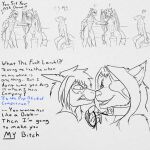 1:1 absurd_res andromorph anthro canid canine collar dragon dragonofdarkness13 ed_ryujin english_text female flat_chested genitals group hi_res hybrid intersex laruh leash male mammal monochrome nipples pubes pussy sergal teasing text vyse_(dragonofdarkness13) 