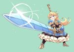  absurdres armor armored_dress blonde_hair blue_eyes boots charlotta_fenia cirenk dwarf granblue_fantasy highres looking_afar pointing_sword pointy_ears shield tall_crown 