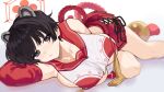  1girl animal_ears bangs black_hair blue_archive blush breast_curtains breasts grey_eyes highres large_breasts legs looking_at_viewer lying on_side pleated_skirt red_skirt rope ryuuno6 short_hair skirt solo thighs tsubaki_(blue_archive) 