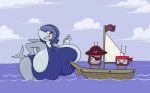  2018 anthro big_breasts blue_clothing boat breasts clothing female fish grey_body group hair hi_res huge_breasts marine outside red_eyes sea shark simple_background sky swimwear vehicle vendant water watercraft 