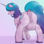  absurd_res animal_genitalia animal_penis balls big_balls blush crossgender czu equid equine equine_penis feral genitals hasbro hi_res horn izzy_moonbow_(mlp) looking_back mammal my_little_pony penis rear_view solo unicorn 