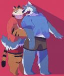  2021 anthro arufina_w blush canid canine canis clothing domestic_dog duo felid hi_res humanoid_hands kemono male male/male mammal overweight overweight_male pantherine shirt tiger topwear underwear 