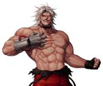  1boy abs bare_pecs biceps black_choker black_gloves bleeding blood cable choker collarbone commentary_request cowboy_shot earrings evilgun facial_hair fingerless_gloves gloves glowing glowing_eye heterochromia highres jewelry large_pectorals looking_at_viewer male_focus mechanical_arms muscular muscular_male mustache nipples omega_rugal pants parted_lips pectorals red_eyes red_pants rugal_bernstein self-mutilation shirtless short_hair simple_background single_mechanical_arm solo standing stomach teeth the_king_of_fighters the_king_of_fighters_&#039;95 veins white_background white_eyes white_hair 